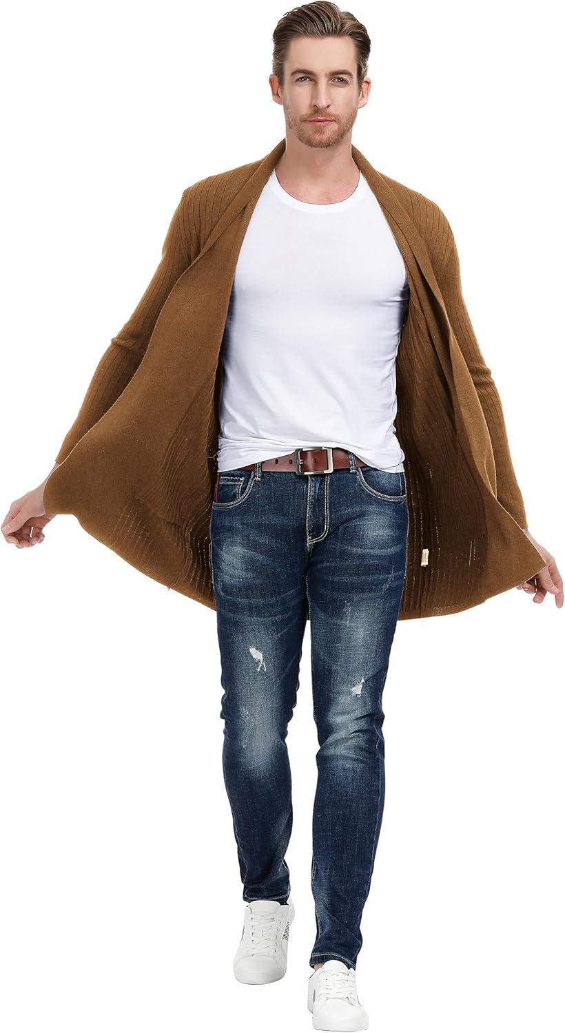 imagePJ PUAL JONES Mens Shawl Collar Open Front Long Cardigan Ribbed Knit Sweater with PocketsBrown