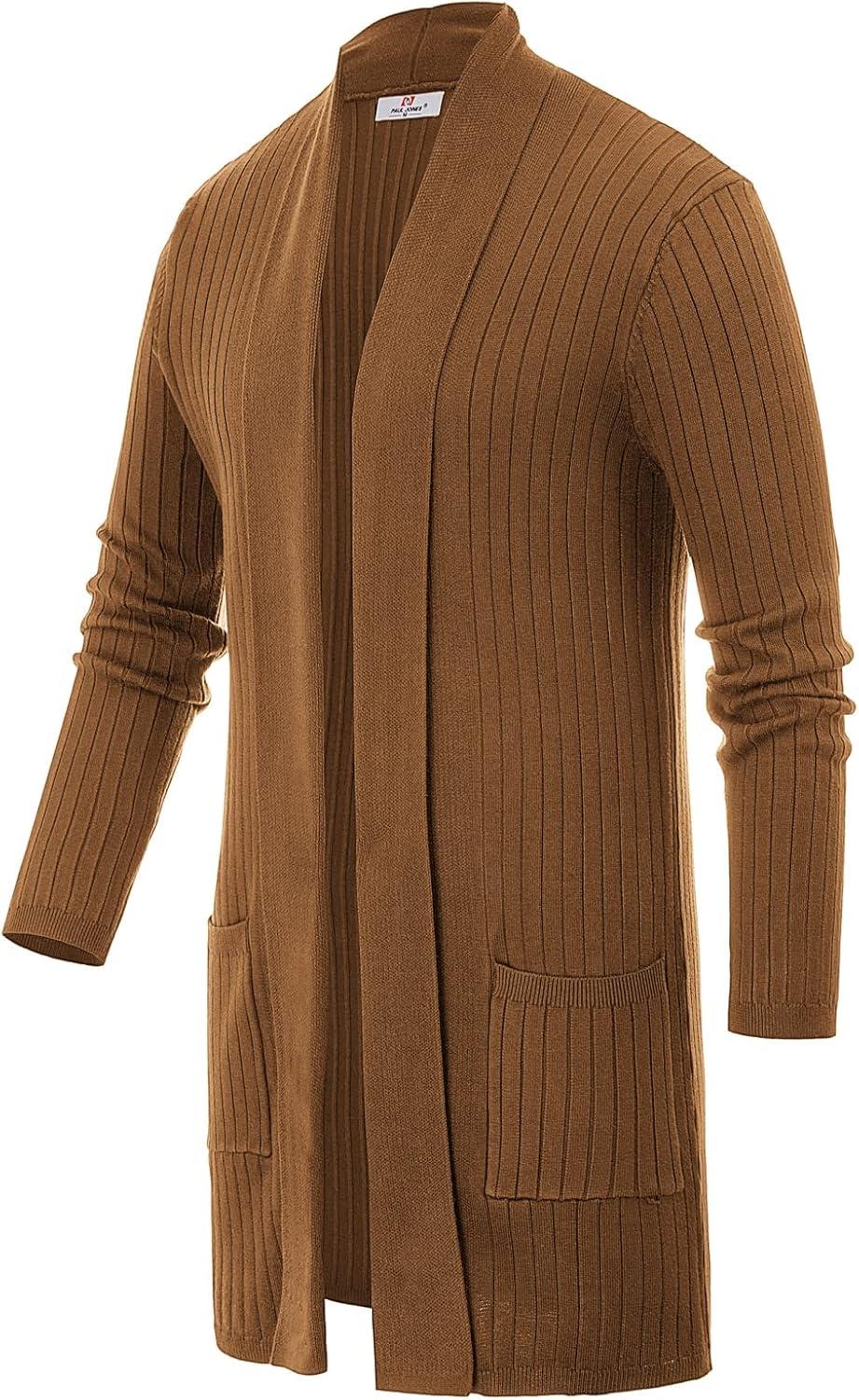 imagePJ PUAL JONES Mens Shawl Collar Open Front Long Cardigan Ribbed Knit Sweater with PocketsBrown