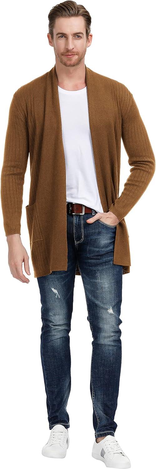 imagePJ PUAL JONES Mens Shawl Collar Open Front Long Cardigan Ribbed Knit Sweater with PocketsBrown