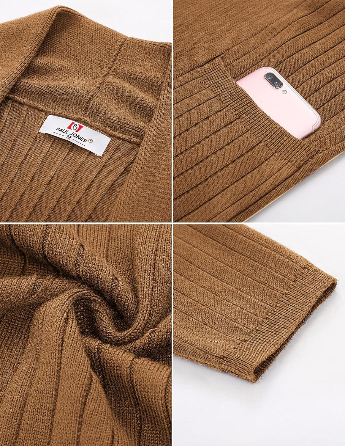 imagePJ PUAL JONES Mens Shawl Collar Open Front Long Cardigan Ribbed Knit Sweater with PocketsBrown