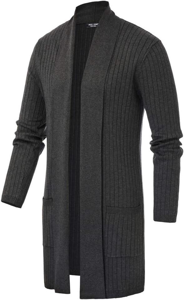 imagePJ PUAL JONES Mens Shawl Collar Open Front Long Cardigan Ribbed Knit Sweater with PocketsDark Gray