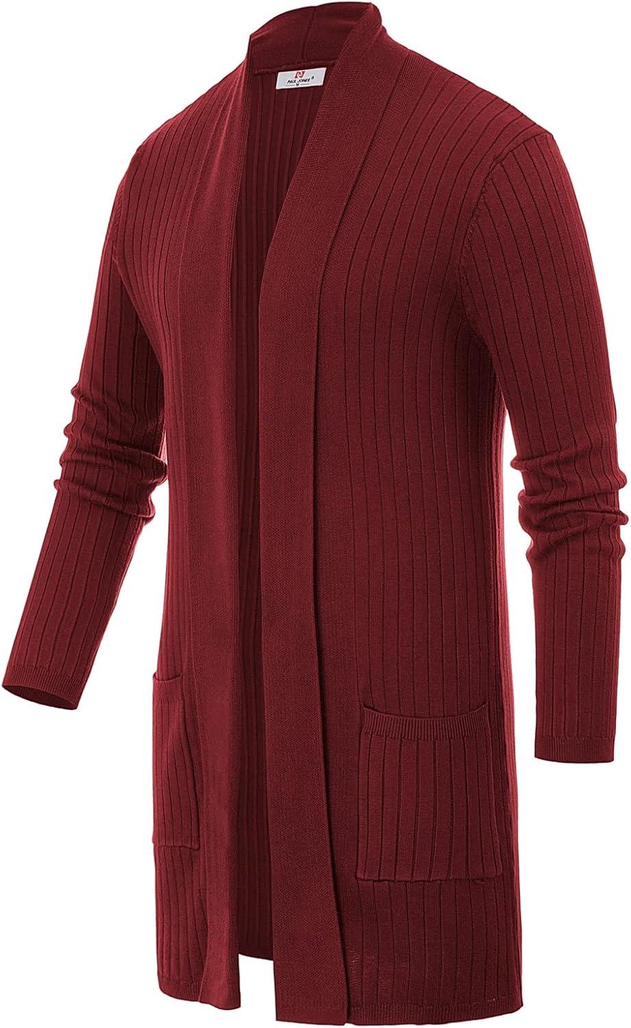 imagePJ PUAL JONES Mens Shawl Collar Open Front Long Cardigan Ribbed Knit Sweater with PocketsDeep Re