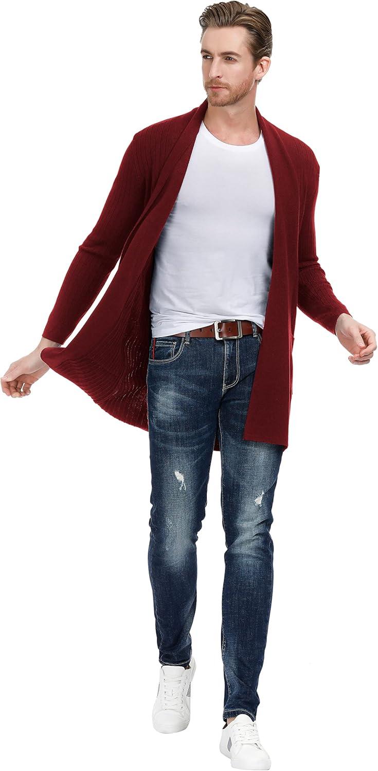 imagePJ PUAL JONES Mens Shawl Collar Open Front Long Cardigan Ribbed Knit Sweater with PocketsDeep Re