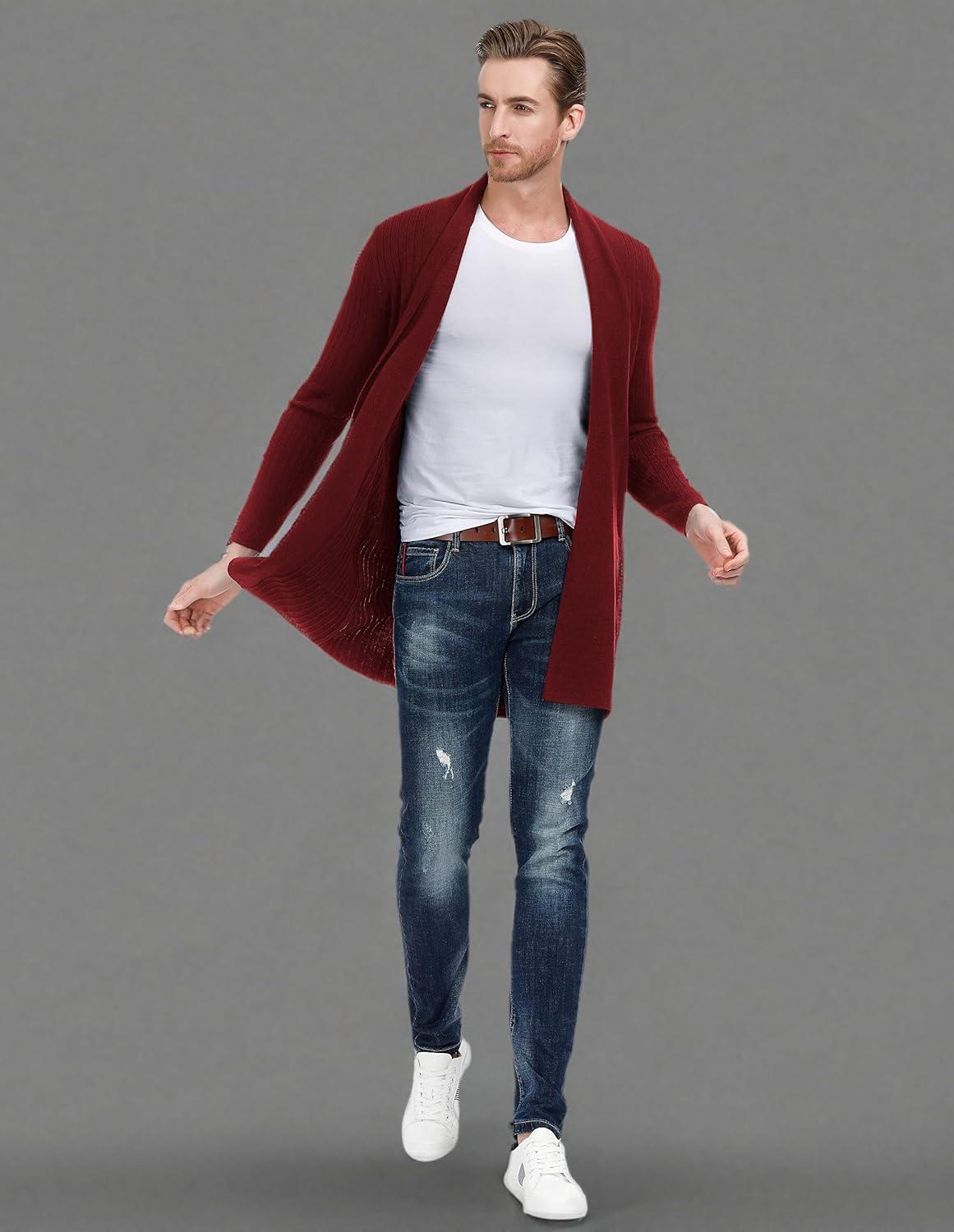 imagePJ PUAL JONES Mens Shawl Collar Open Front Long Cardigan Ribbed Knit Sweater with PocketsDeep Re