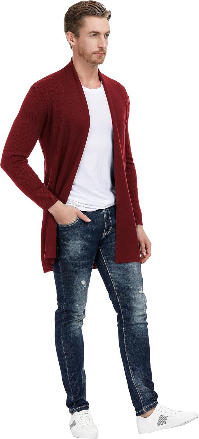 imagePJ PUAL JONES Mens Shawl Collar Open Front Long Cardigan Ribbed Knit Sweater with PocketsDeep Re