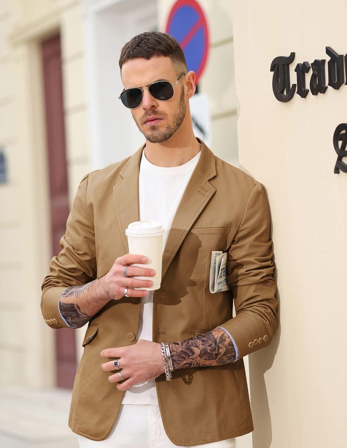 imagePJ Paul Jones Mens Cotton Twill Blazer Jacket Lightweight Casual Slim Fit Sport CoatBrown