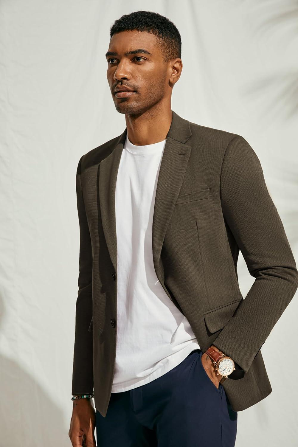 imagePJ Paul Jones Mens Herringbone Blazer Jacket Lightweight Casual Knit Sport CoatCoffee