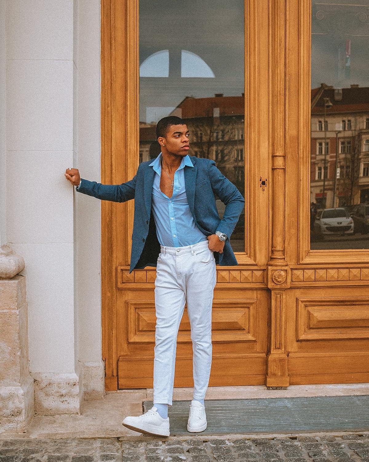 imagePJ Paul Jones Mens Herringbone Blazer Jacket Lightweight Casual Knit Sport CoatGridblue