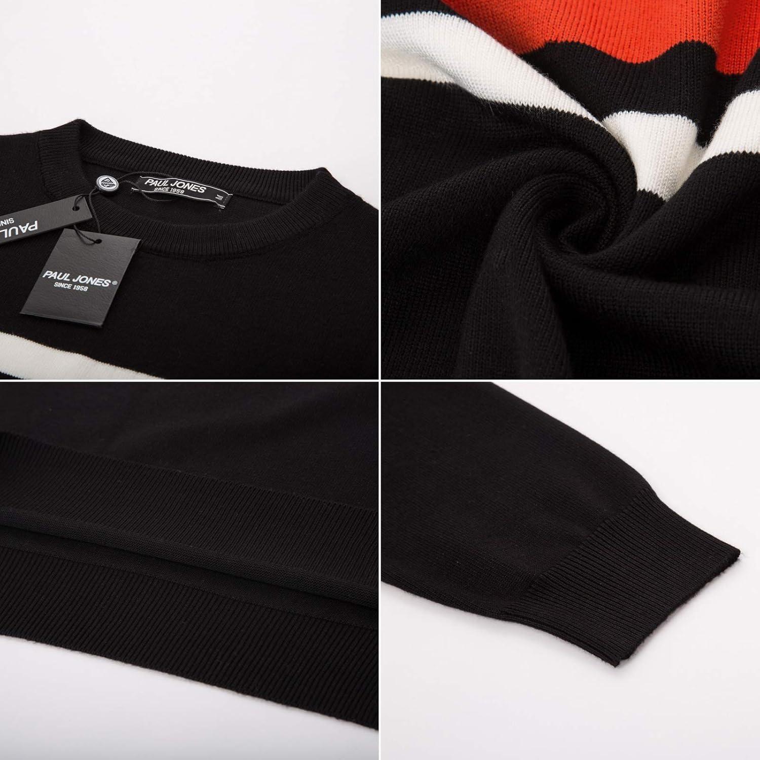 imagePJ Paul Jones Mens Striped Pullover Sweater Crewneck Contrast Fine Knitted SweatersBlackredwhite