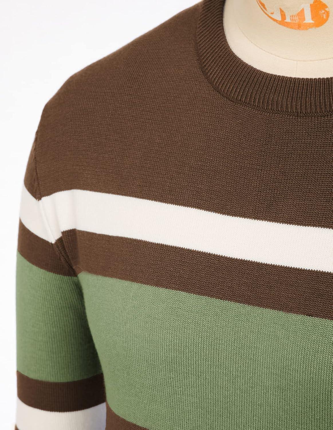 imagePJ Paul Jones Mens Striped Pullover Sweater Crewneck Contrast Fine Knitted SweatersCoffee