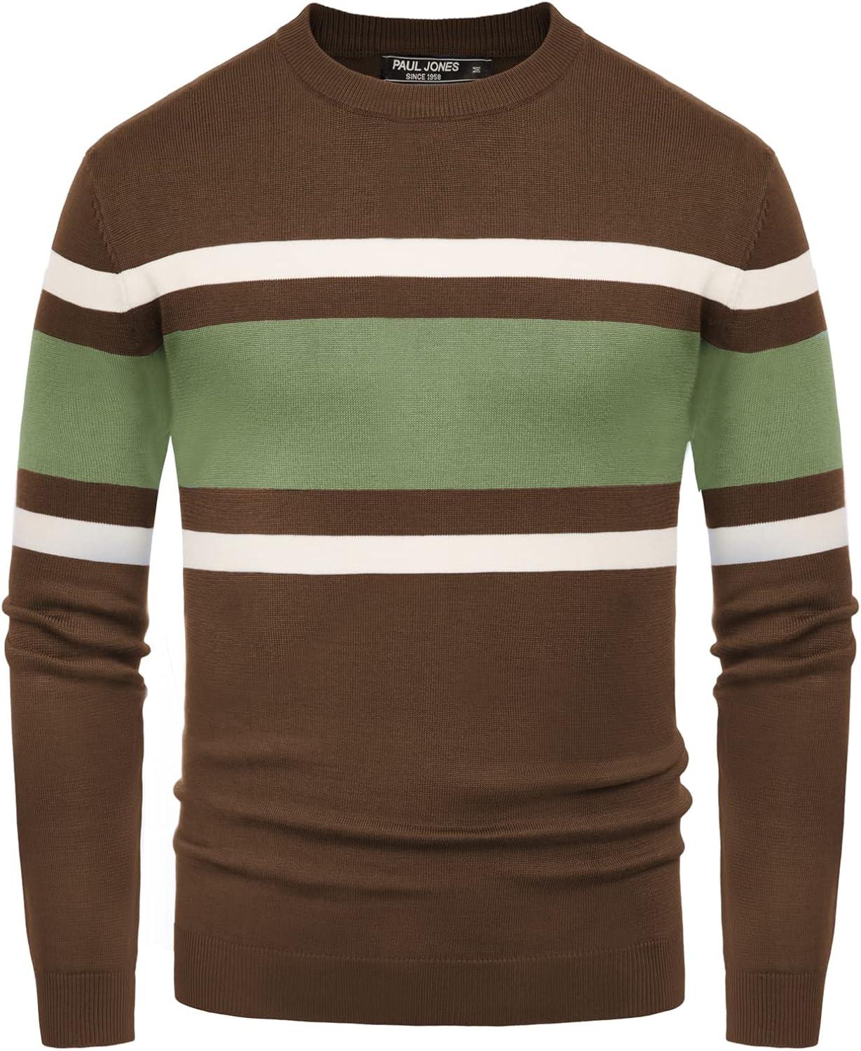 imagePJ Paul Jones Mens Striped Pullover Sweater Crewneck Contrast Fine Knitted SweatersCoffee