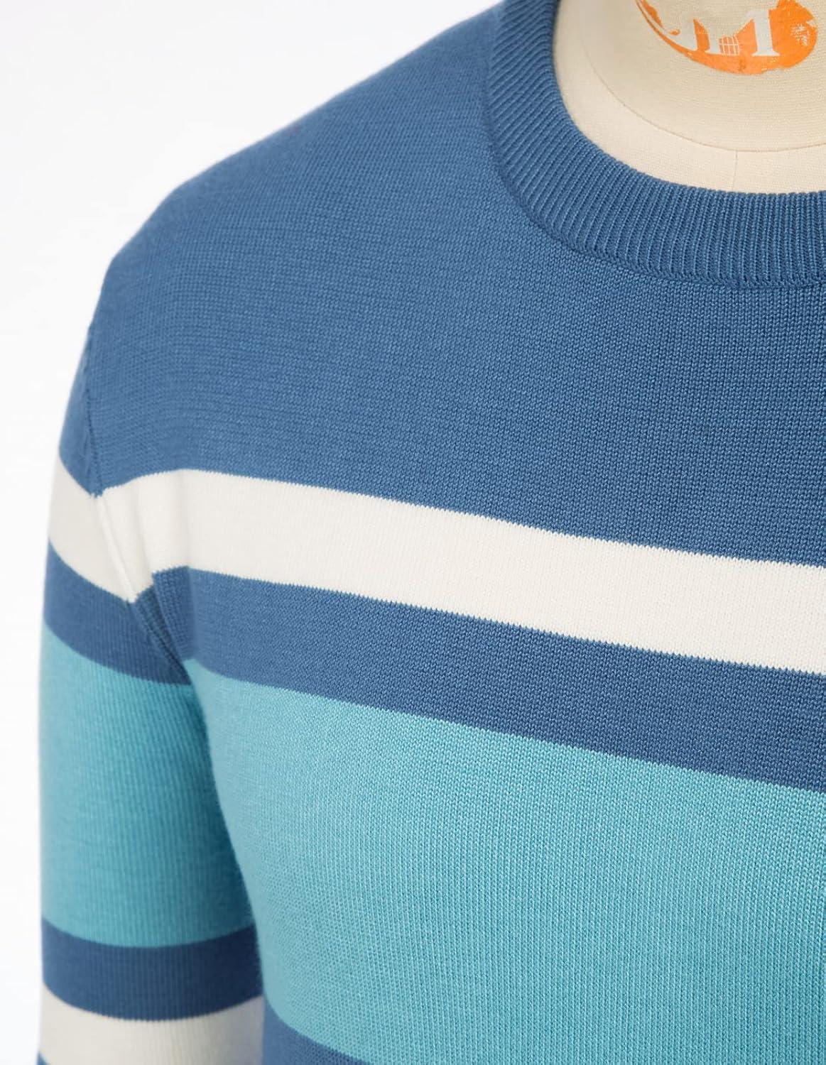 imagePJ Paul Jones Mens Striped Pullover Sweater Crewneck Contrast Fine Knitted SweatersDenim Blue