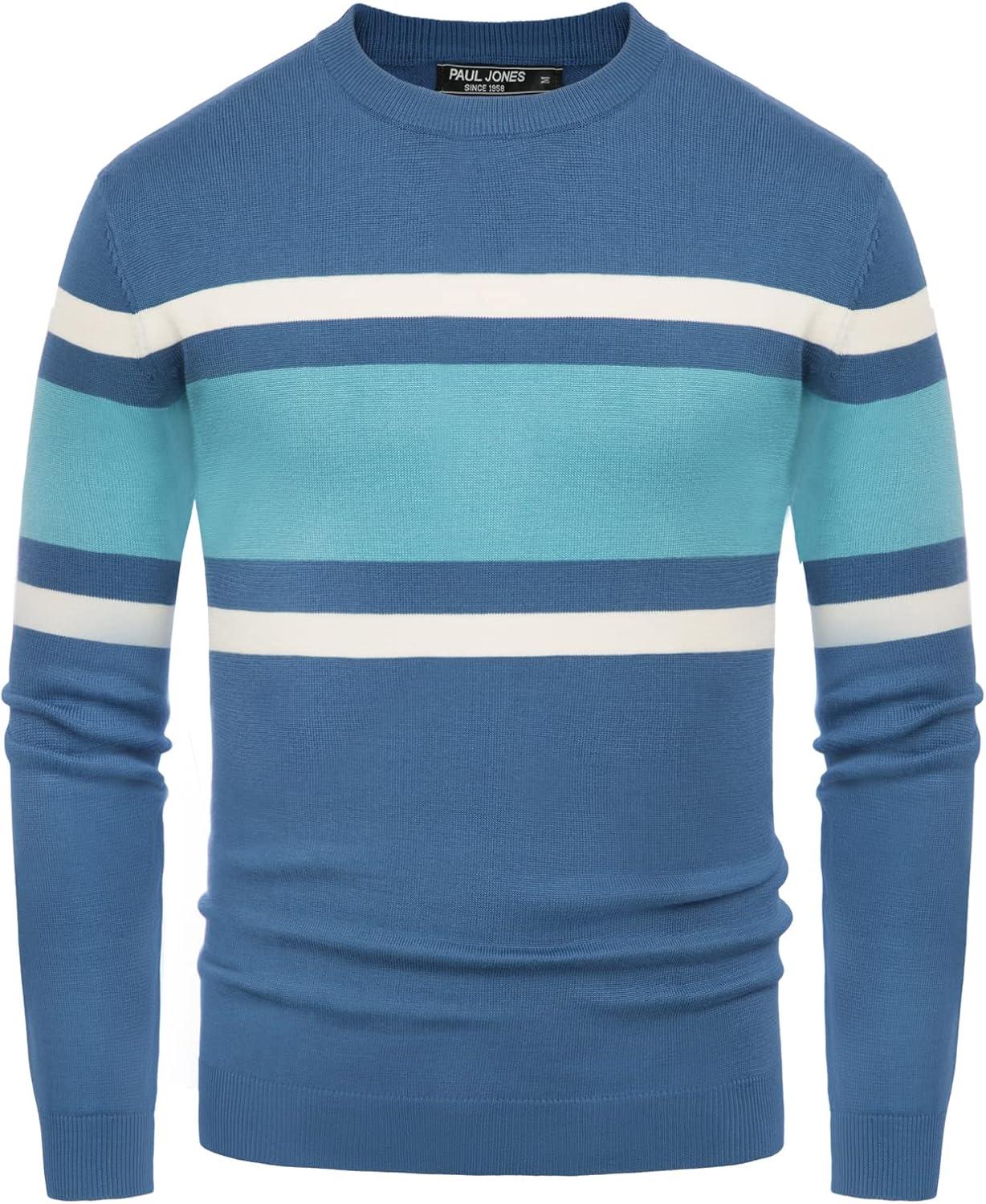 imagePJ Paul Jones Mens Striped Pullover Sweater Crewneck Contrast Fine Knitted SweatersDenim Blue
