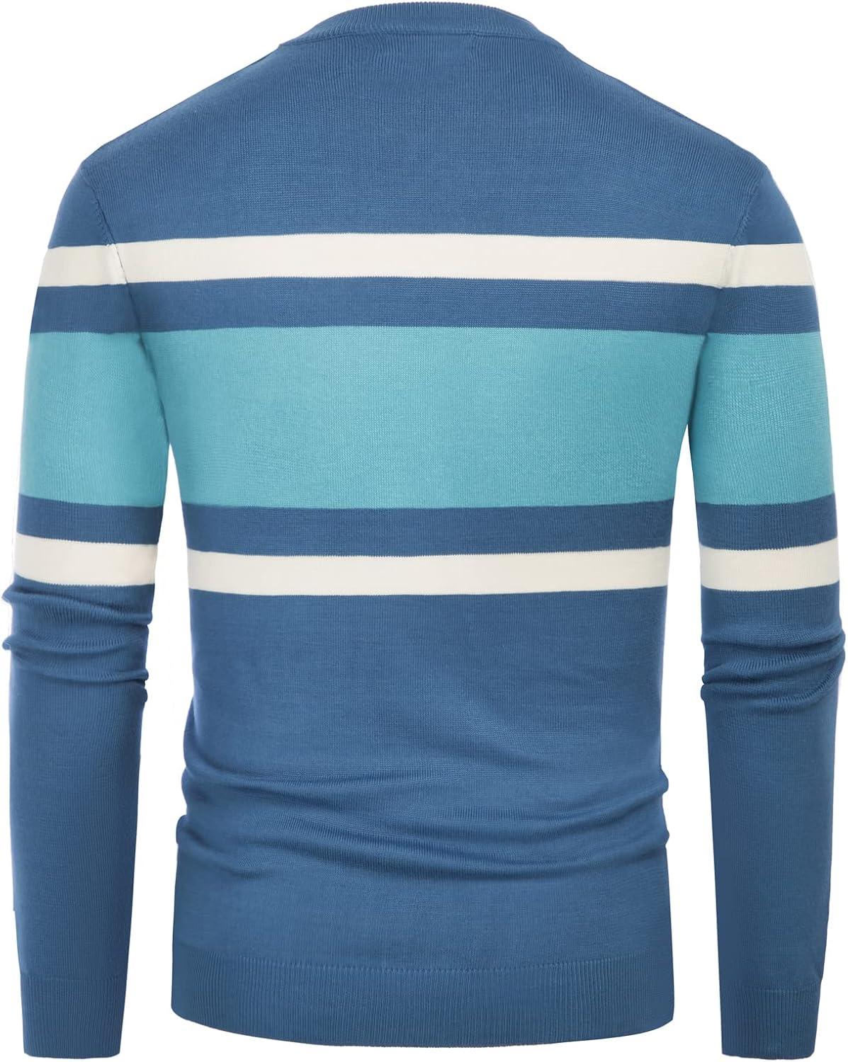 imagePJ Paul Jones Mens Striped Pullover Sweater Crewneck Contrast Fine Knitted SweatersDenim Blue