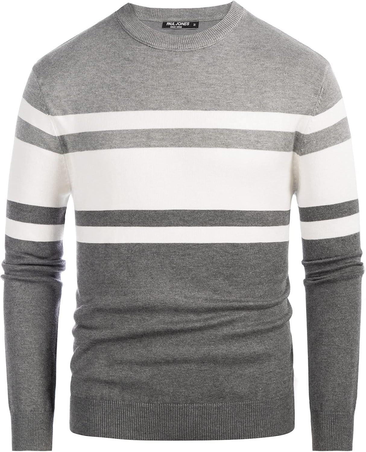 imagePJ Paul Jones Mens Striped Pullover Sweater Crewneck Contrast Fine Knitted SweatersGraywhite