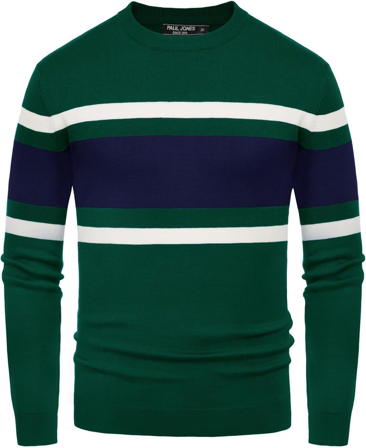 imagePJ Paul Jones Mens Striped Pullover Sweater Crewneck Contrast Fine Knitted SweatersGreen