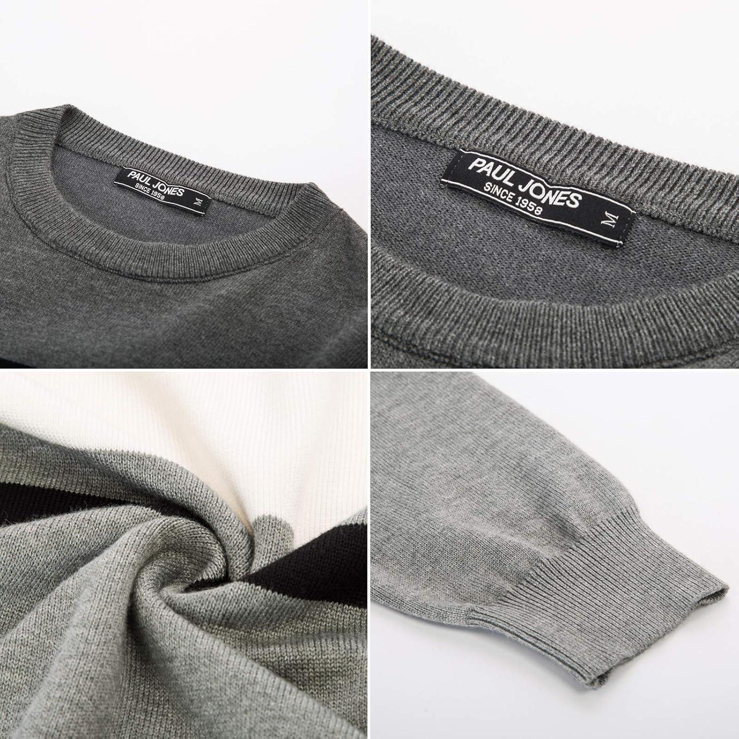 imagePJ Paul Jones Mens Striped Pullover Sweater Crewneck Contrast Fine Knitted SweatersMid Graywhiteblack