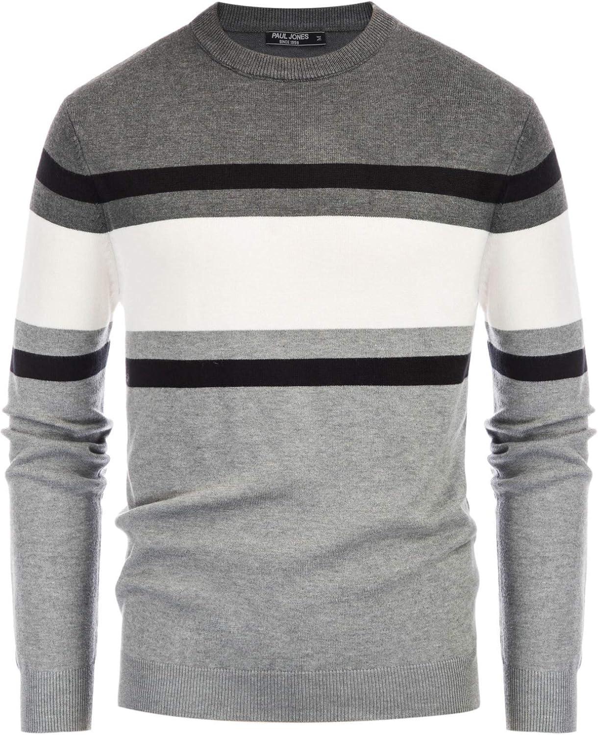 imagePJ Paul Jones Mens Striped Pullover Sweater Crewneck Contrast Fine Knitted SweatersMid Graywhiteblack