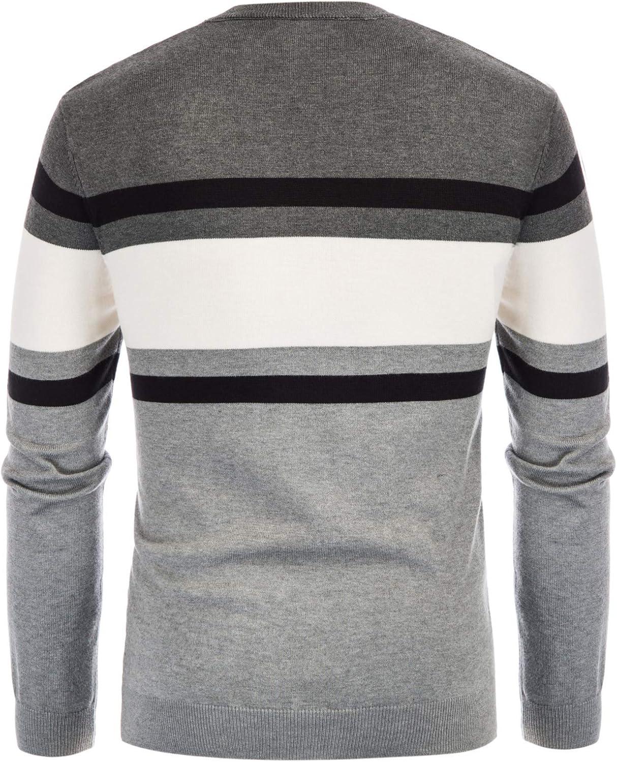 imagePJ Paul Jones Mens Striped Pullover Sweater Crewneck Contrast Fine Knitted SweatersMid Graywhiteblack