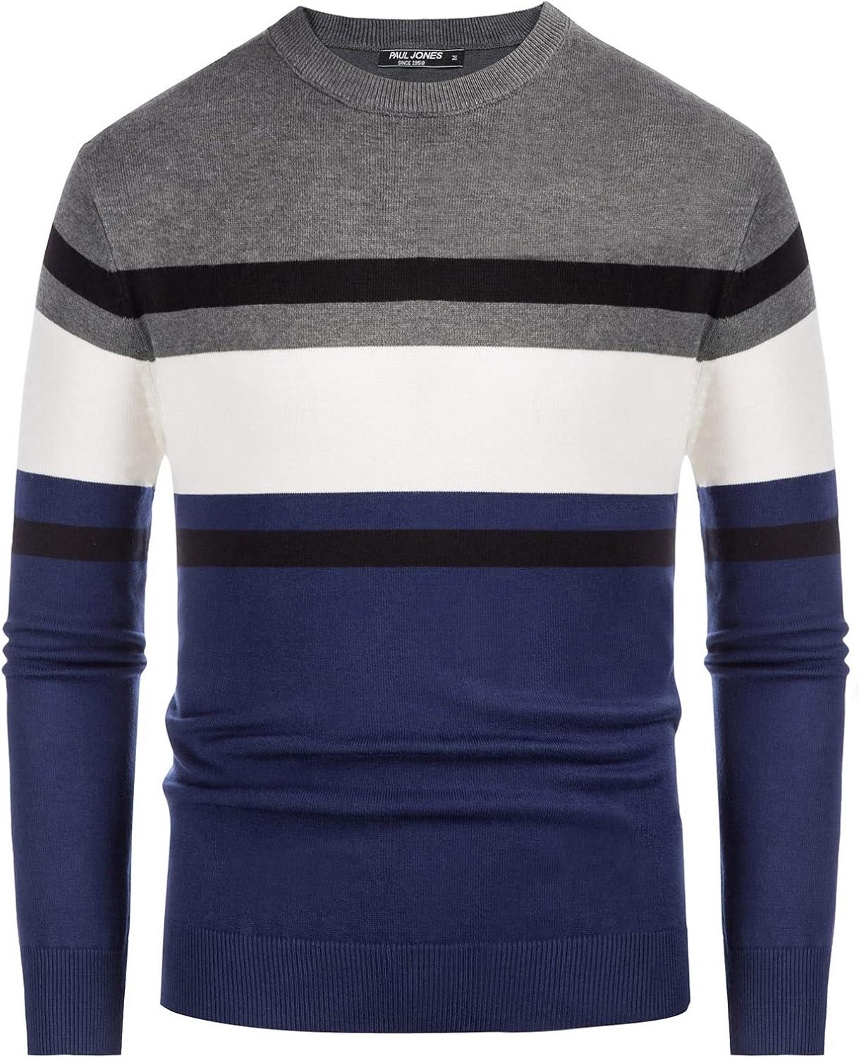 imagePJ Paul Jones Mens Striped Pullover Sweater Crewneck Contrast Fine Knitted SweatersNavywhiteblack