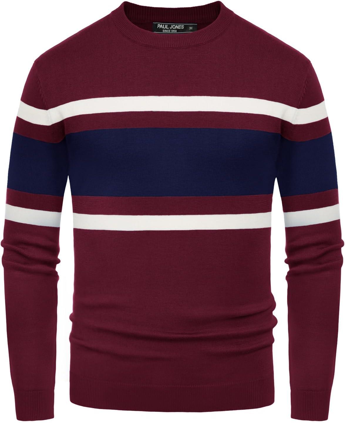 imagePJ Paul Jones Mens Striped Pullover Sweater Crewneck Contrast Fine Knitted SweatersWine Red
