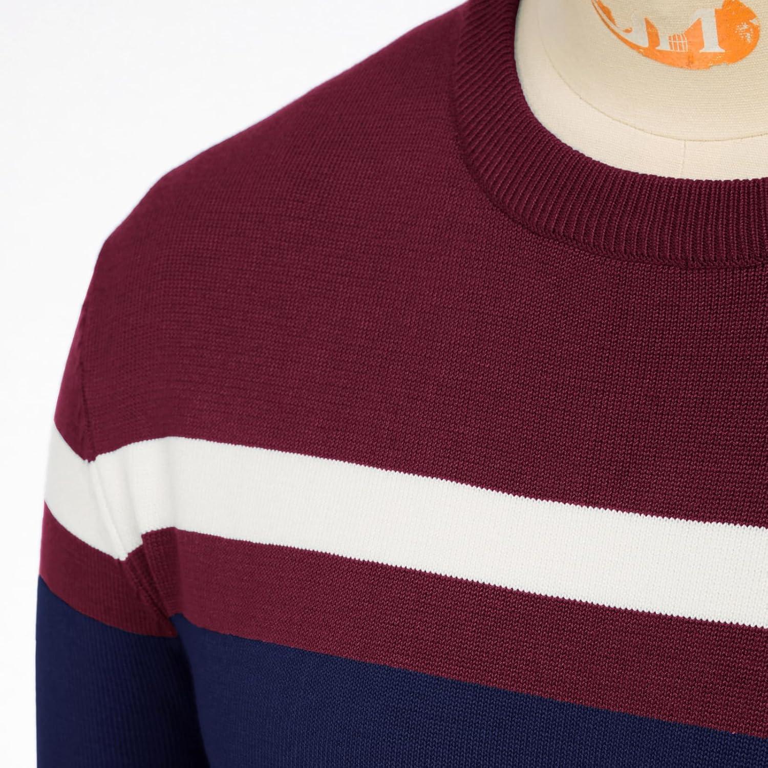 imagePJ Paul Jones Mens Striped Pullover Sweater Crewneck Contrast Fine Knitted SweatersWine Red