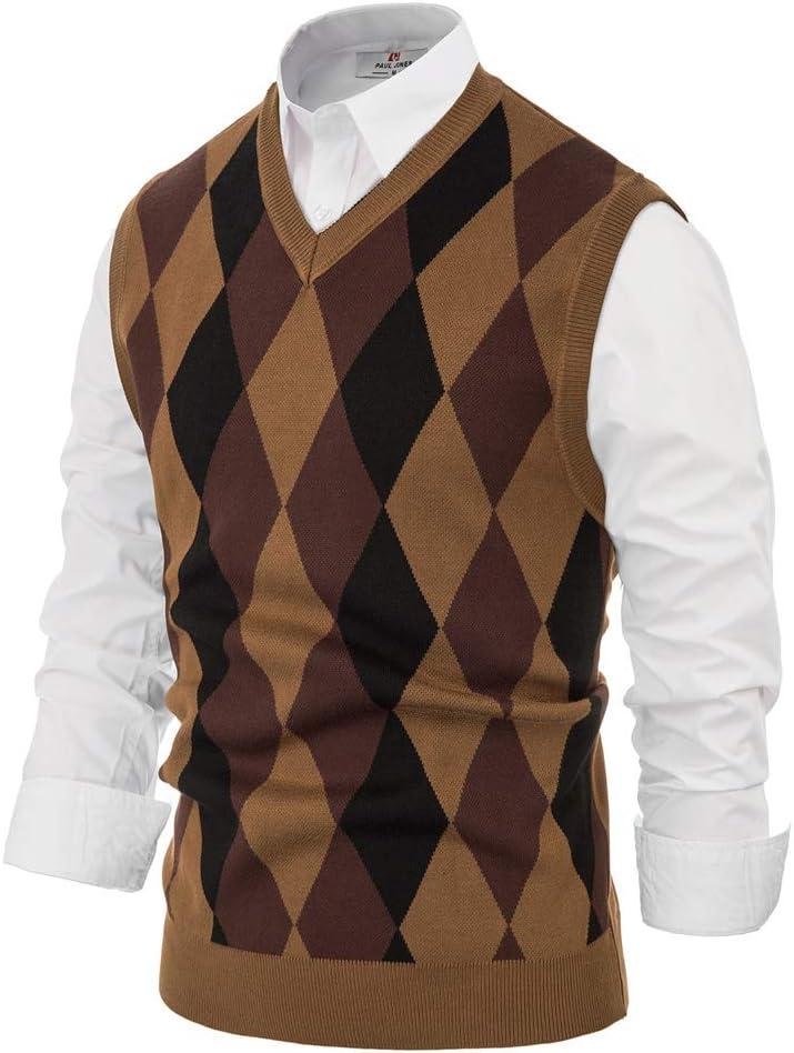 imagePaul Jones Mens Argyle Sweater Vest Knitted Casual VNeck Pullover VestBrown