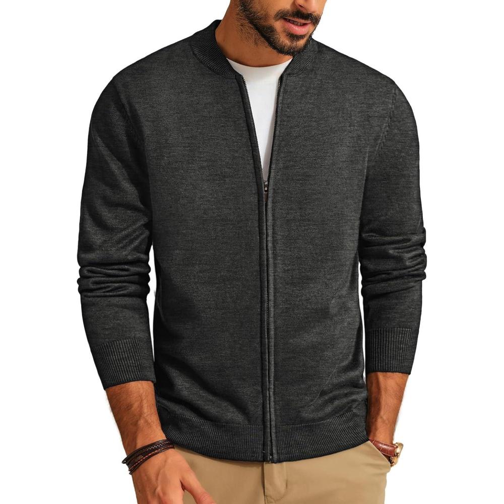 imageMens Casual Full Zip Cardigan Sweater Slim Fit Stand Collar Sweater JacketBlack Grey