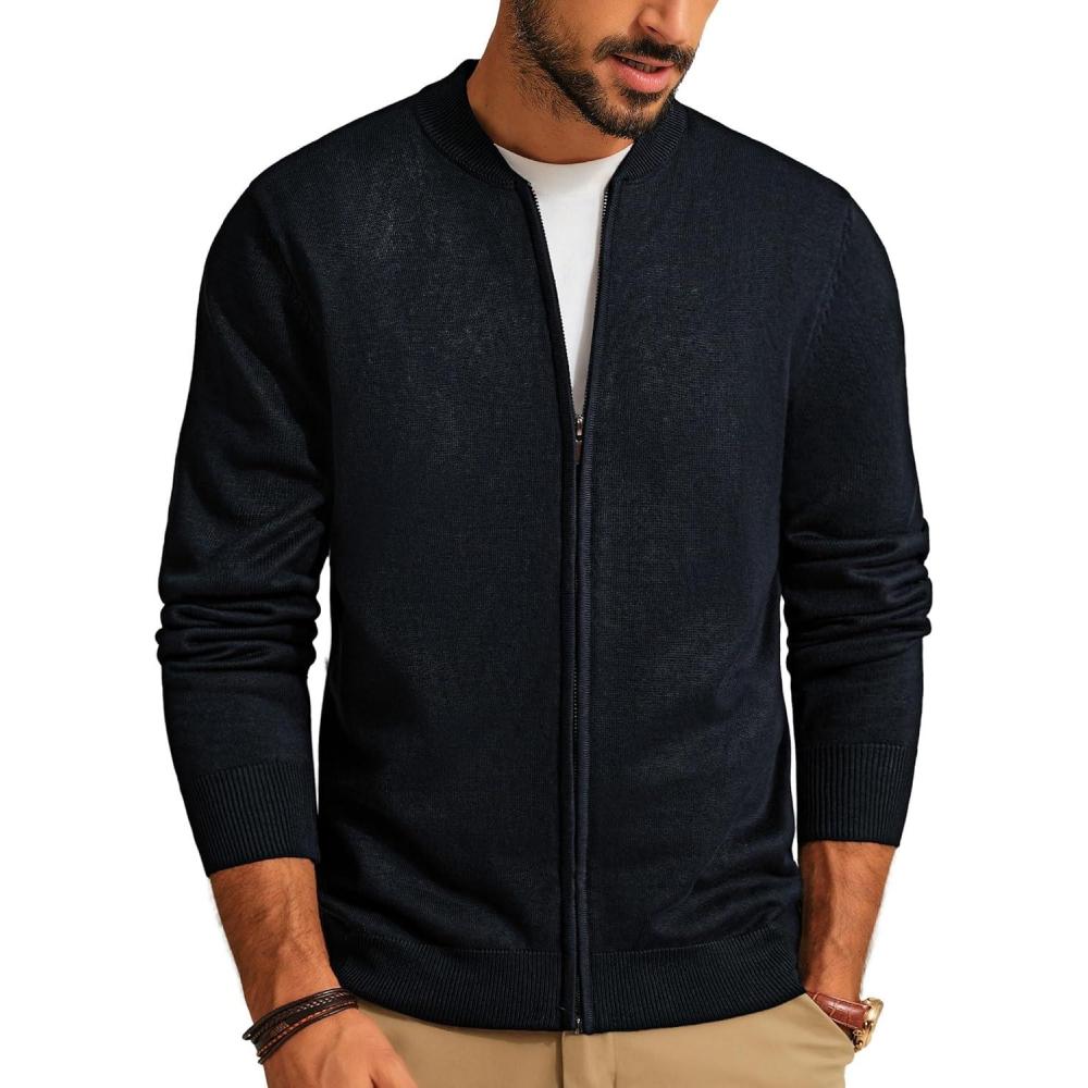 imageMens Casual Full Zip Cardigan Sweater Slim Fit Stand Collar Sweater JacketDark Blue