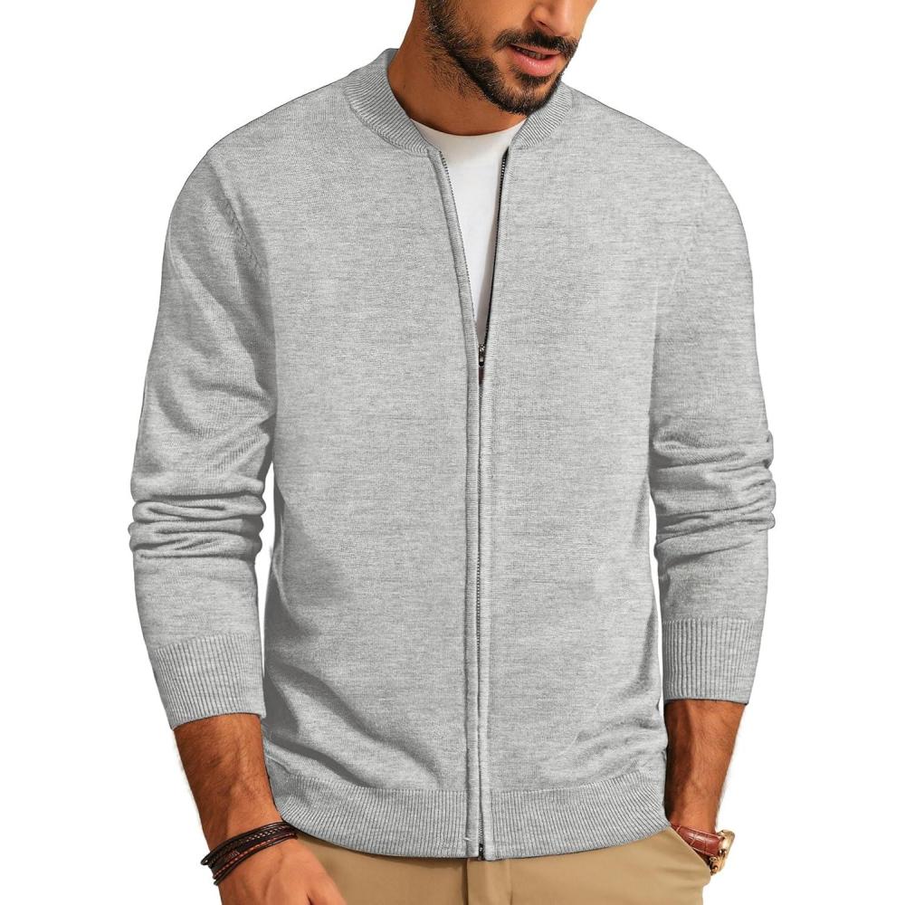 imageMens Casual Full Zip Cardigan Sweater Slim Fit Stand Collar Sweater JacketLight Grey