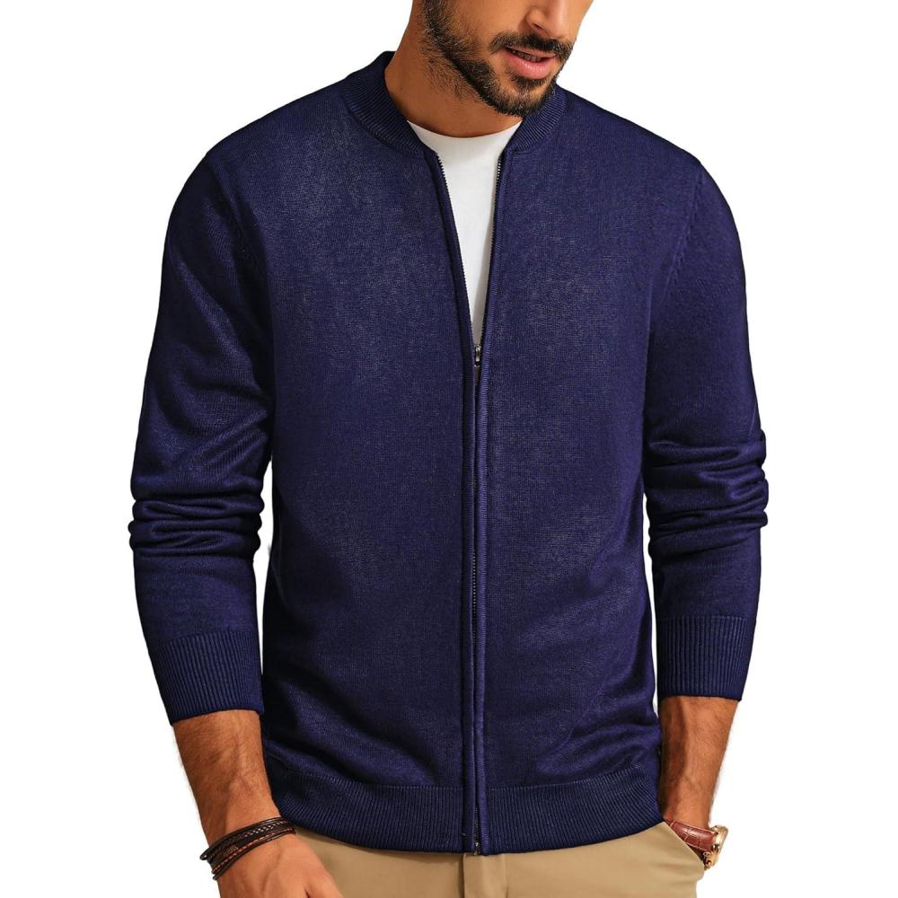 imageMens Casual Full Zip Cardigan Sweater Slim Fit Stand Collar Sweater JacketNavy