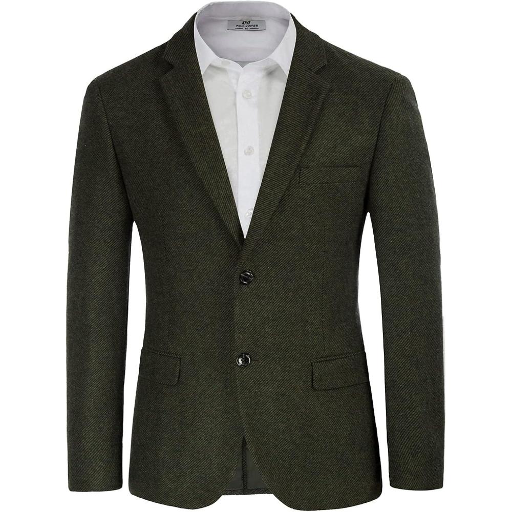 imageMens Wool Blend Blazer Jacket Houndstooth Suit Blazer Notch Lapel 2 ButtonArmy Green