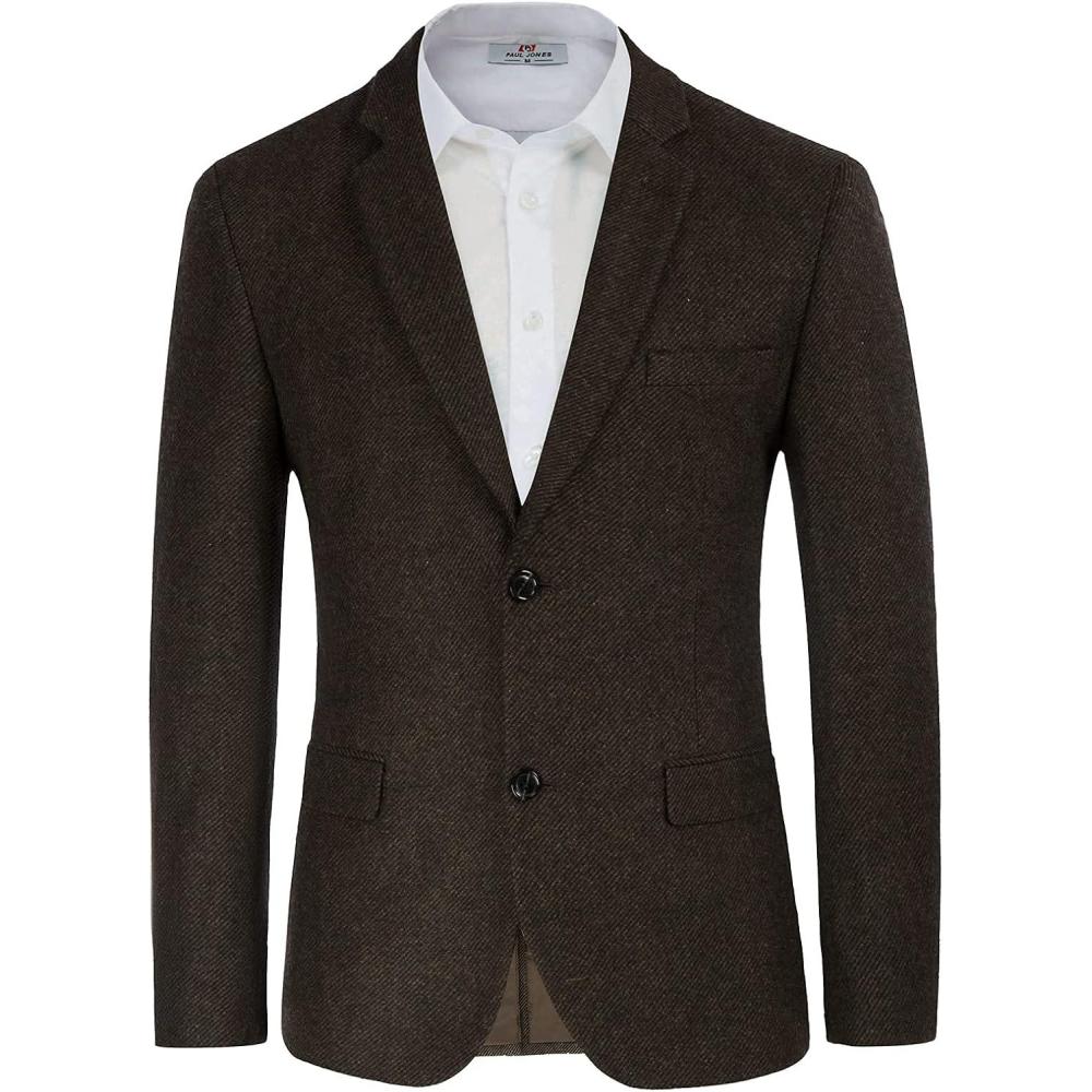 imageMens Wool Blend Blazer Jacket Houndstooth Suit Blazer Notch Lapel 2 ButtonBrown
