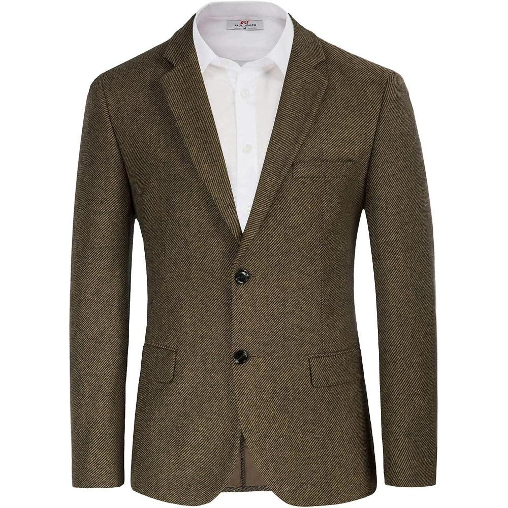 imageMens Wool Blend Blazer Jacket Houndstooth Suit Blazer Notch Lapel 2 ButtonCoffee