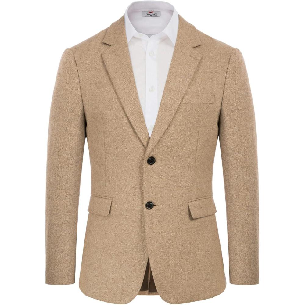 imageMens Wool Blend Blazer Jacket Houndstooth Suit Blazer Notch Lapel 2 ButtonKhaki