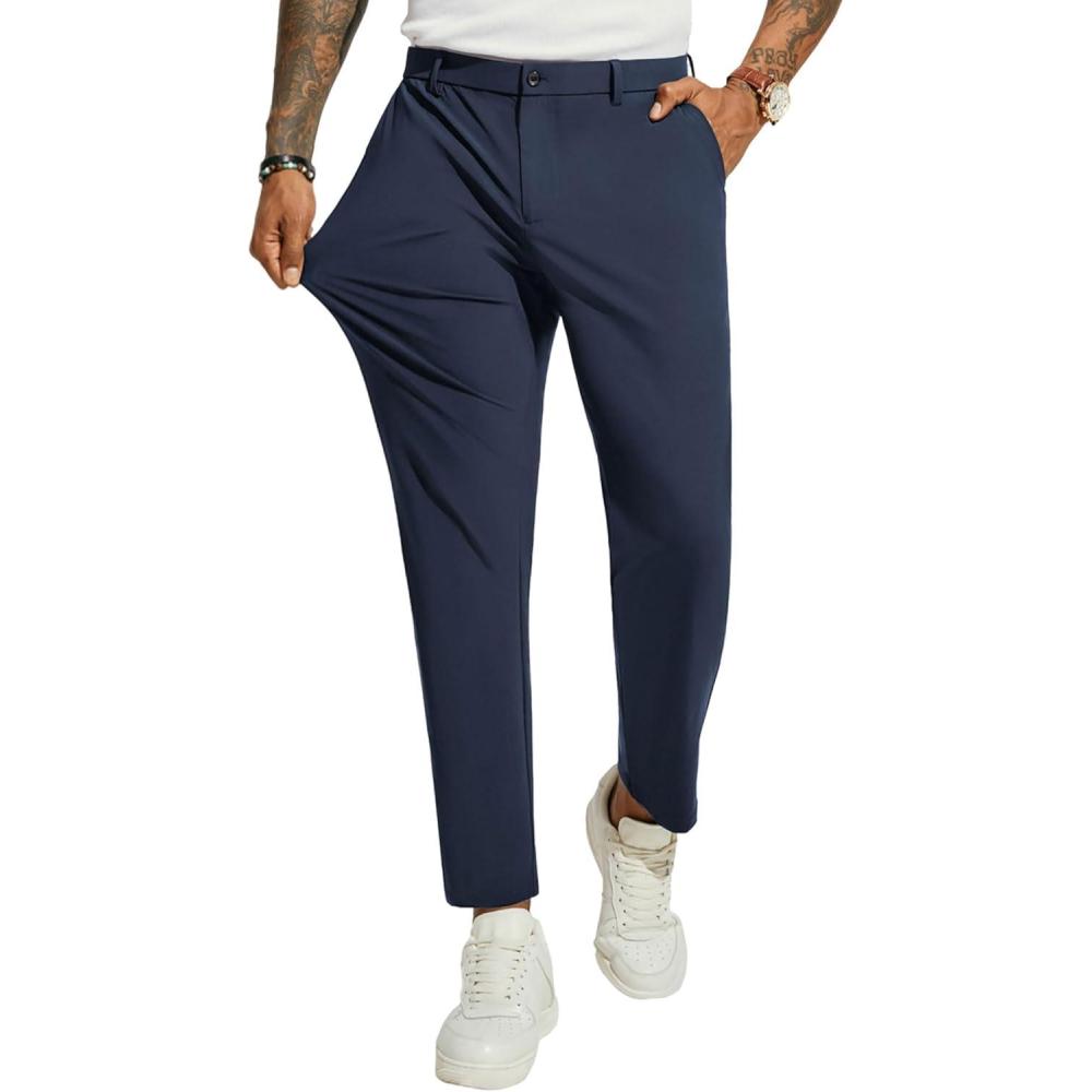 imagePJ PAUL JONES Men 4 Way Stretch Golf Pants Casual Slim Fit Cropped Tapered Dress Pants Lightweight Business TrousersBlue Grey