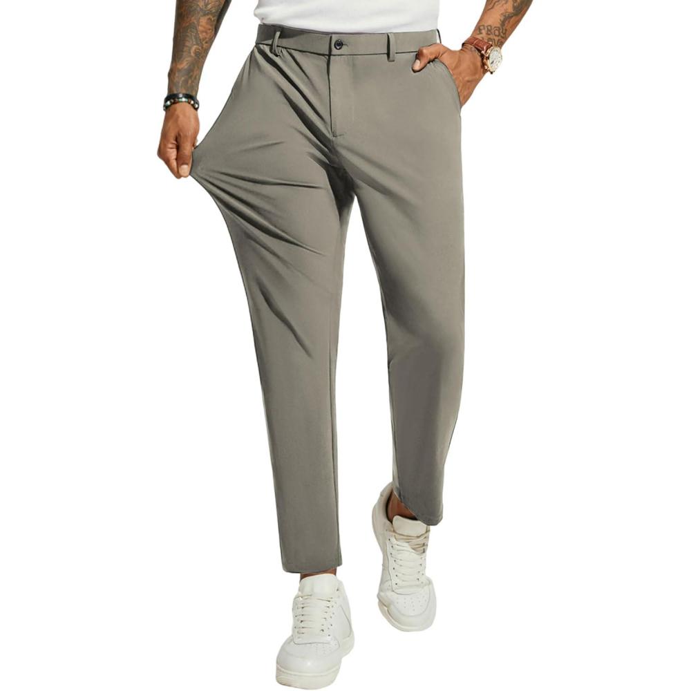 imagePJ PAUL JONES Men 4 Way Stretch Golf Pants Casual Slim Fit Cropped Tapered Dress Pants Lightweight Business TrousersKhaki