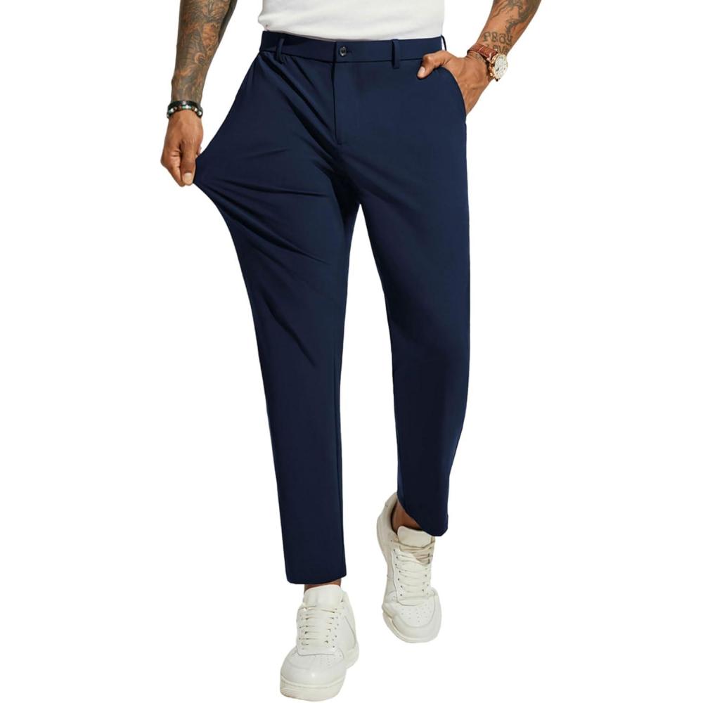 imagePJ PAUL JONES Men 4 Way Stretch Golf Pants Casual Slim Fit Cropped Tapered Dress Pants Lightweight Business TrousersNavy Blue