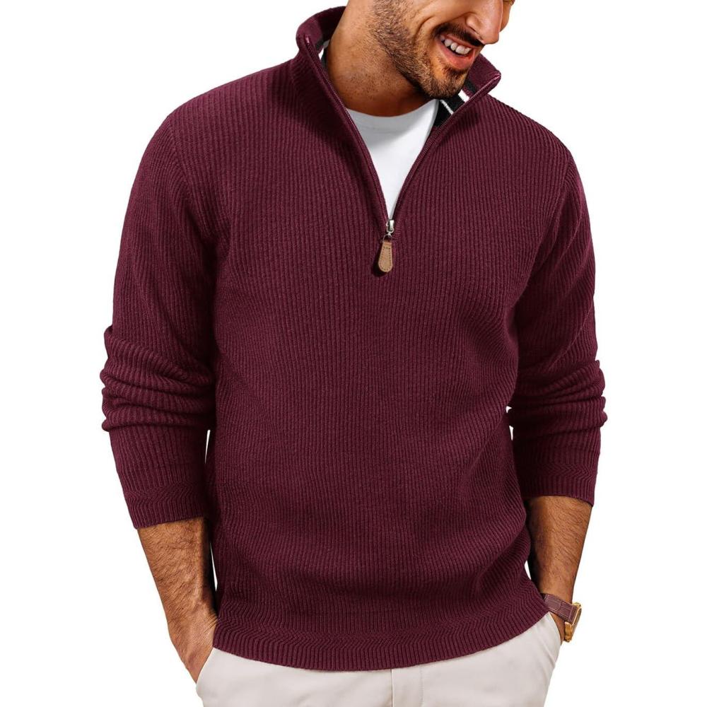 imagePJ PAUL JONES Men Quarter Zip Pullover Sweaters Lightweight Knit Dress Sweater for Glof Work CasualBurgundy