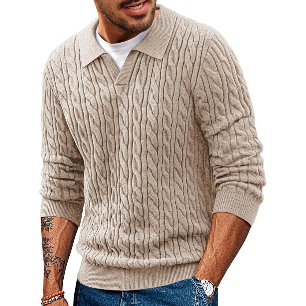 imagePJ PAUL JONES Men Sweaters V Neck Cable Knit Sweater Fall Casual Slim Fit PulloverApricot