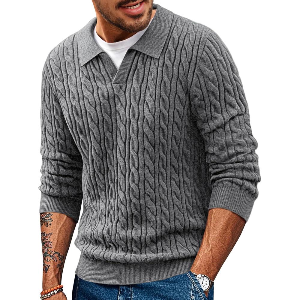imagePJ PAUL JONES Men Sweaters V Neck Cable Knit Sweater Fall Casual Slim Fit PulloverGray