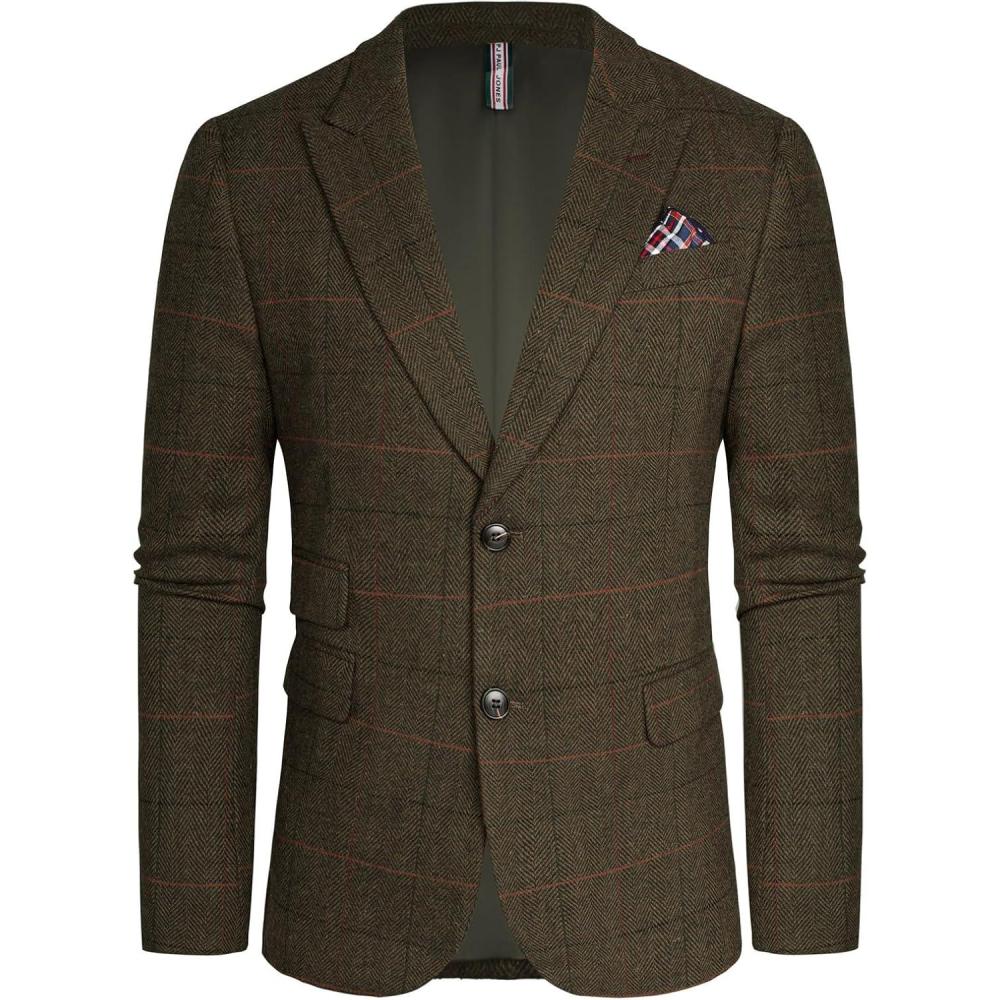 imagePJ PAUL JONES Men Tweed Blazer Wool Herringbone Sport Coat Jacket Vintage Blazers Suit JacketsArmy Green B Herringbone