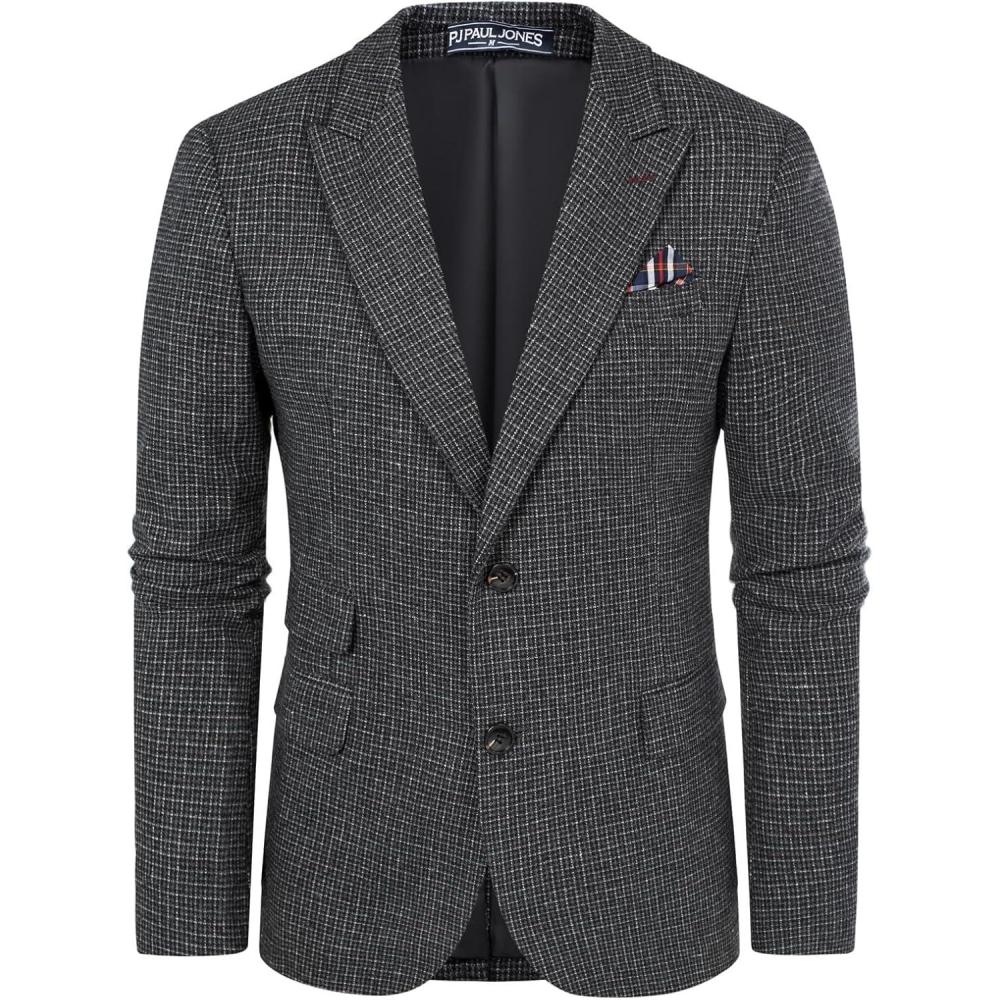 imagePJ PAUL JONES Men Tweed Blazer Wool Herringbone Sport Coat Jacket Vintage Blazers Suit JacketsBlack Houndstooth