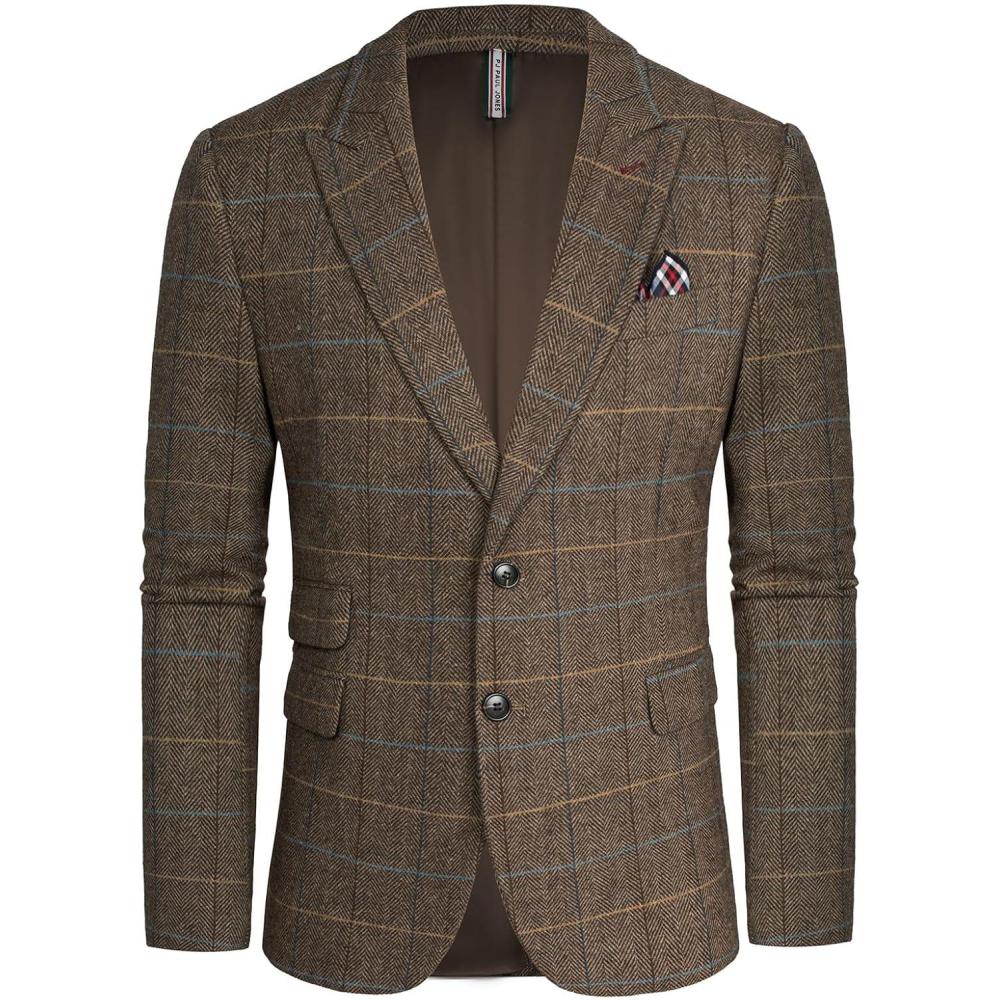imagePJ PAUL JONES Men Tweed Blazer Wool Herringbone Sport Coat Jacket Vintage Blazers Suit JacketsCoffee C Herringbone