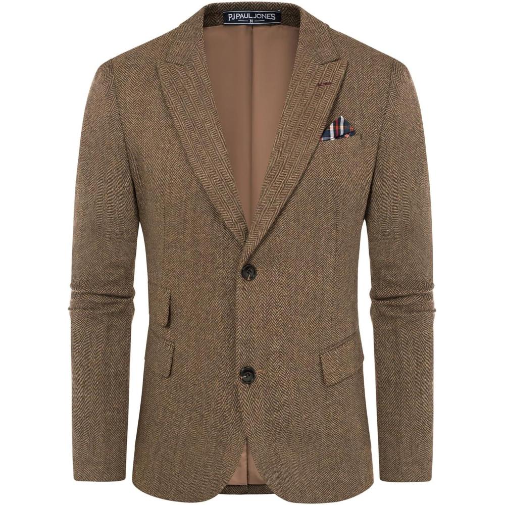 imagePJ PAUL JONES Men Tweed Blazer Wool Herringbone Sport Coat Jacket Vintage Blazers Suit JacketsCoffee Herringbone