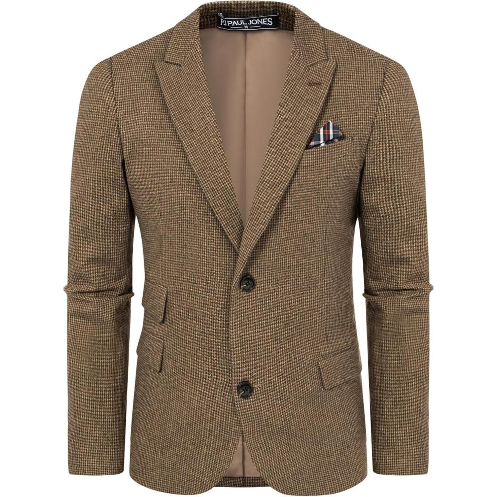imagePJ PAUL JONES Men Tweed Blazer Wool Herringbone Sport Coat Jacket Vintage Blazers Suit JacketsCoffee Houndstooth