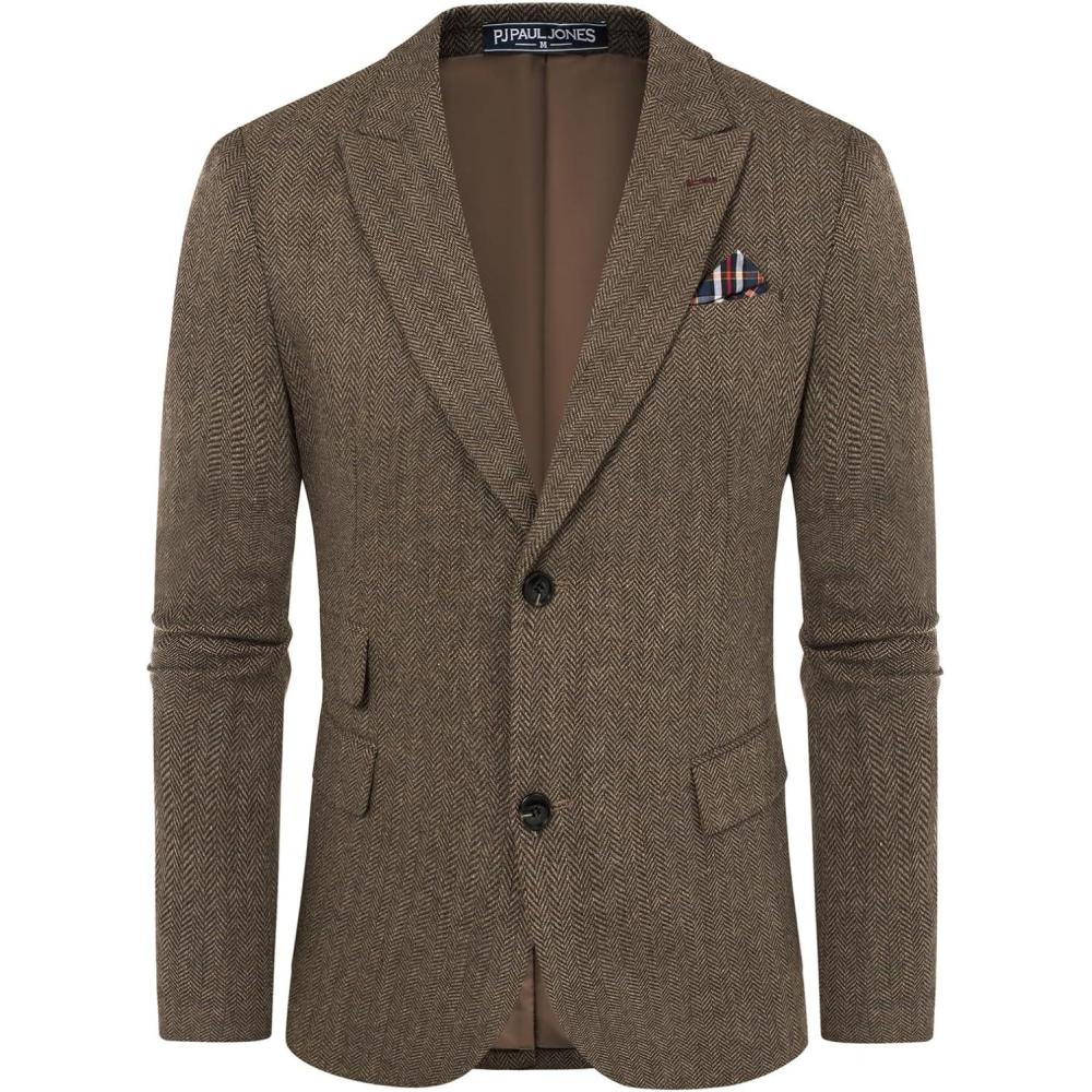 imagePJ PAUL JONES Men Tweed Blazer Wool Herringbone Sport Coat Jacket Vintage Blazers Suit JacketsCoffee a Herringbone