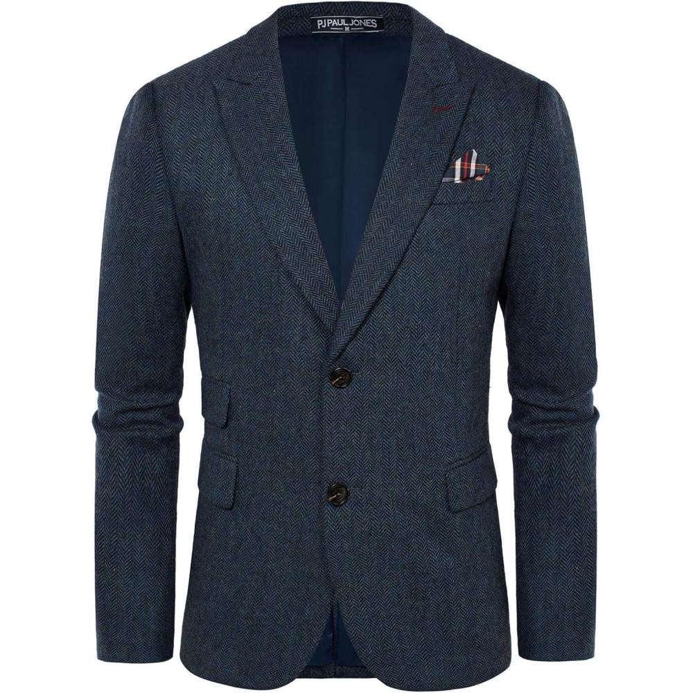 imagePJ PAUL JONES Men Tweed Blazer Wool Herringbone Sport Coat Jacket Vintage Blazers Suit JacketsDark Blue Herringbone
