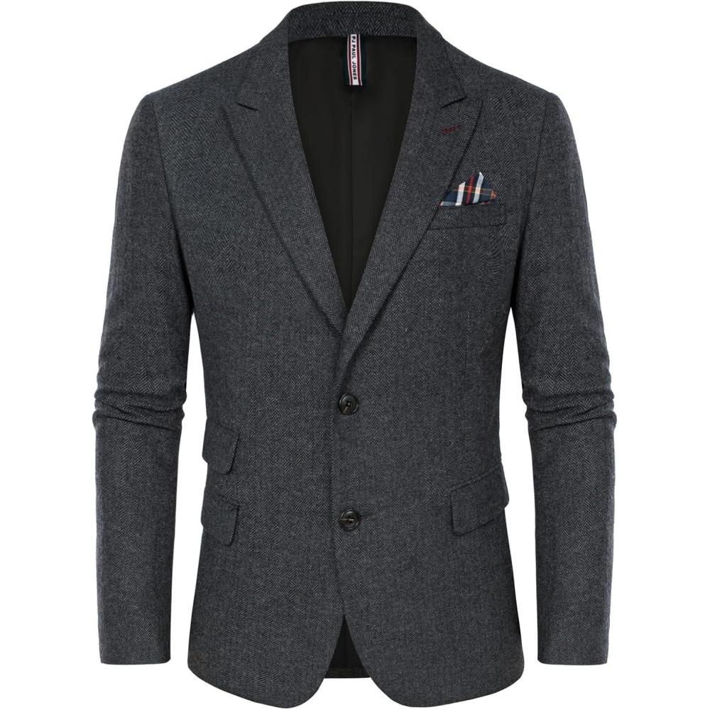 imagePJ PAUL JONES Men Tweed Blazer Wool Herringbone Sport Coat Jacket Vintage Blazers Suit JacketsDark Grey Herringbone