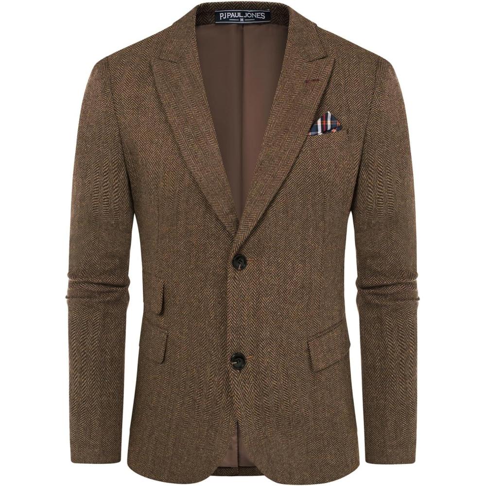 imagePJ PAUL JONES Men Tweed Blazer Wool Herringbone Sport Coat Jacket Vintage Blazers Suit JacketsRed Coffee Herringbone